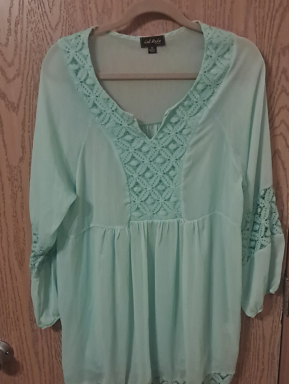 Cal Style XL Mint Green Crochet-Trim Peasant Top